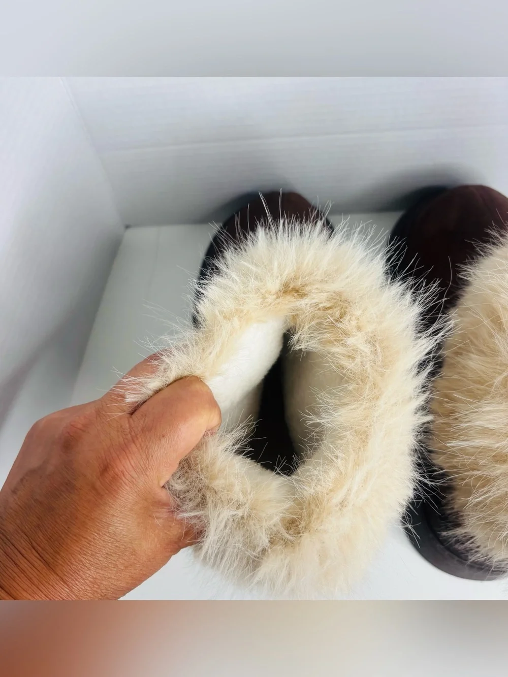 Women's Dark Brown Faux Suede Ankle Boots with Cream Faux-Fur Cuff
